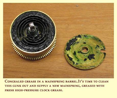Greasy mainspring barrel prior to cleaning and fitting a new mainspring