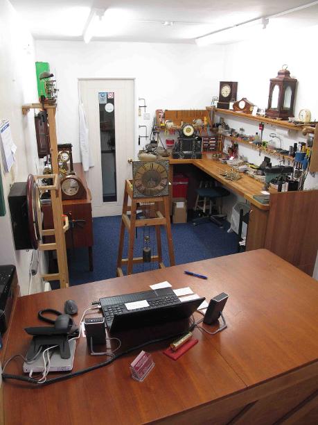 Hagley Clock Clinic. Clocks being serviced and repaired in the workshop