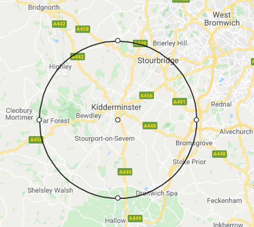 Large scale map showing eight mile radius from Hagley Clock Clinic in Kidderminster