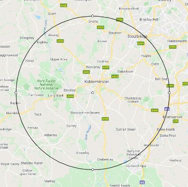 Map showing 8 mile radius from Hagley Clock Clinic workshop in Kidderminster