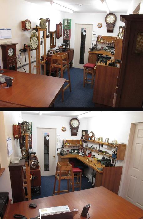 Hagley Clock Clinic. Clocks being serviced and repaired in the workshop